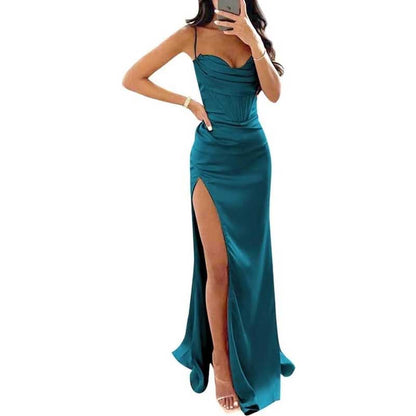Spaghetti Straps Prom Dresses Wedding Ball Gowns High Split Satin Long Evening Dresses