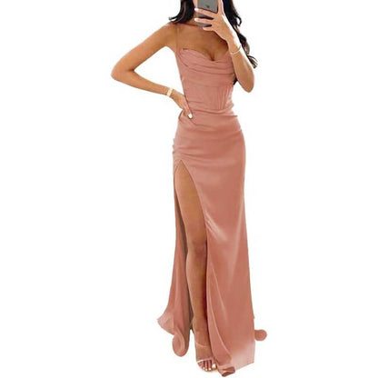 Spaghetti Straps Prom Dresses Wedding Ball Gowns High Split Satin Long Evening Dresses
