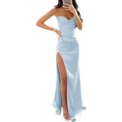 Spaghetti Straps Prom Dresses Wedding Ball Gowns High Split Satin Long Evening Dresses