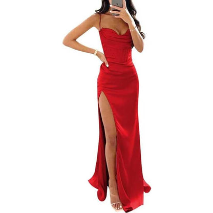 Spaghetti Straps Prom Dresses Wedding Ball Gowns High Split Satin Long Evening Dresses