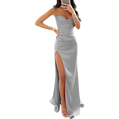 Spaghetti Straps Prom Dresses Wedding Ball Gowns High Split Satin Long Evening Dresses