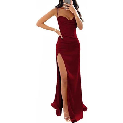 Spaghetti Straps Prom Dresses Wedding Ball Gowns High Split Satin Long Evening Dresses
