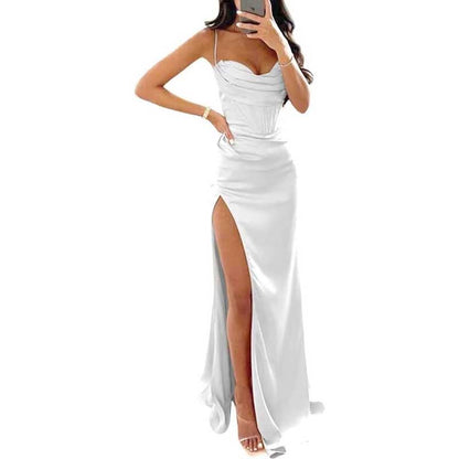 Spaghetti Straps Prom Dresses Wedding Ball Gowns High Split Satin Long Evening Dresses