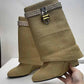 Women Shark Lock Ankle Boots Raffia-Woven Wedge Boots