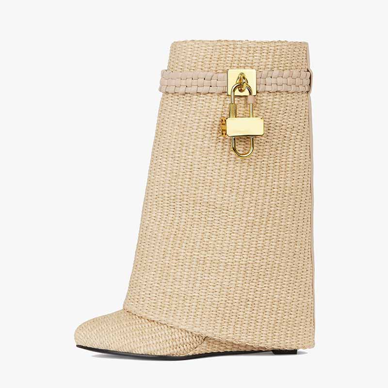 Women Shark Lock Ankle Boots Raffia-Woven Wedge Boots