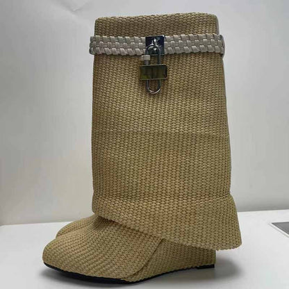 Women Shark Lock Ankle Boots Raffia-Woven Wedge Boots