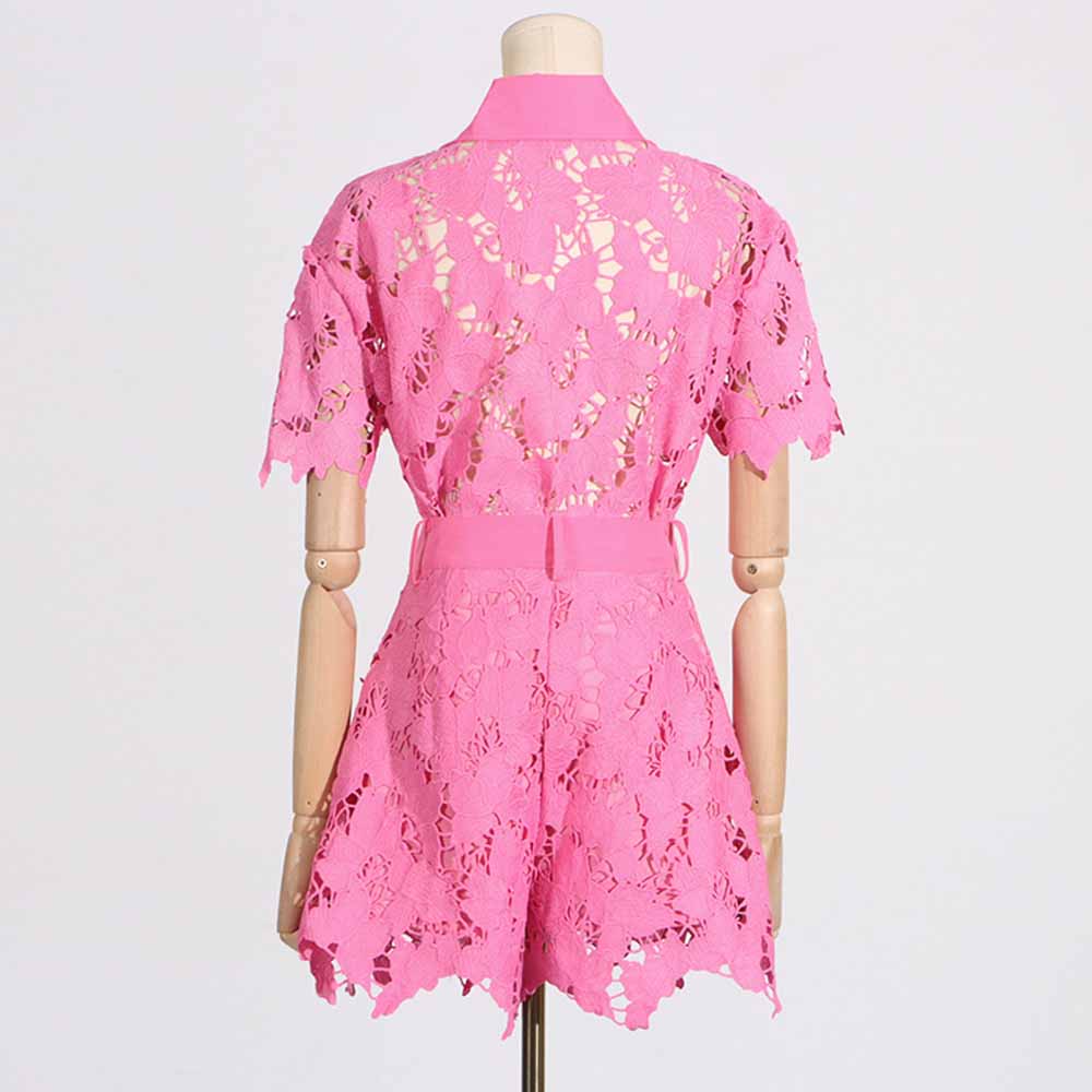 Women Short-Sleeve Lace Embroidered Two Piece Shorts Set