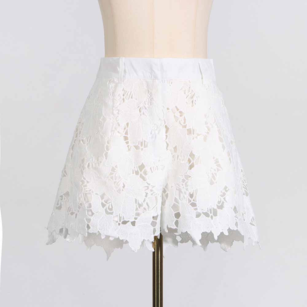 Women Short-Sleeve Lace Embroidered Two Piece Shorts Set