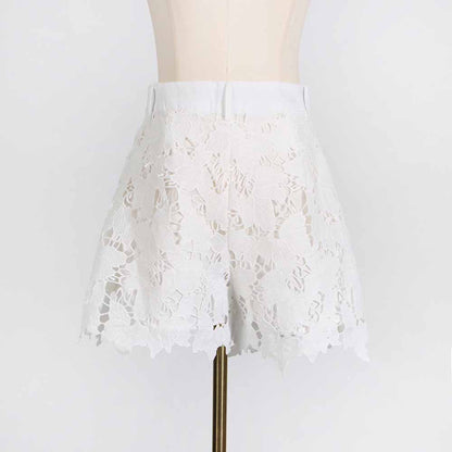 Women Short-Sleeve Lace Embroidered Two Piece Shorts Set