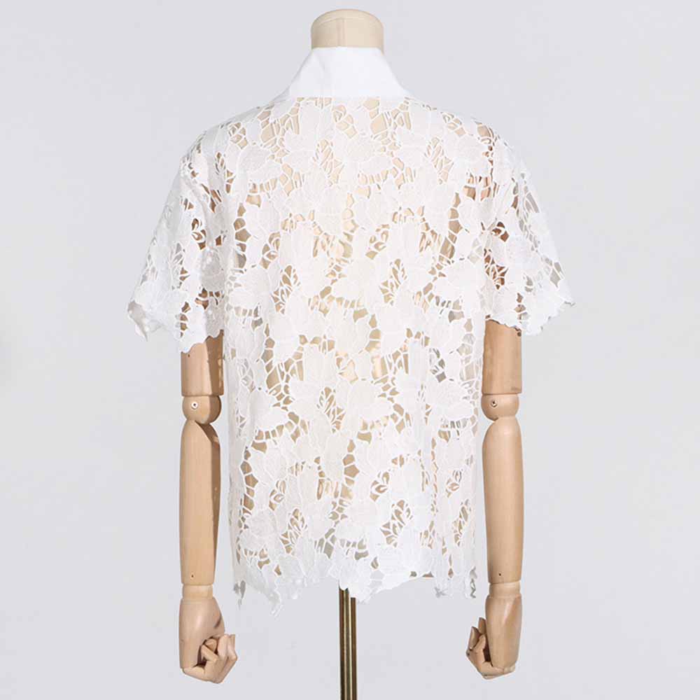 Women Short-Sleeve Lace Embroidered Two Piece Shorts Set