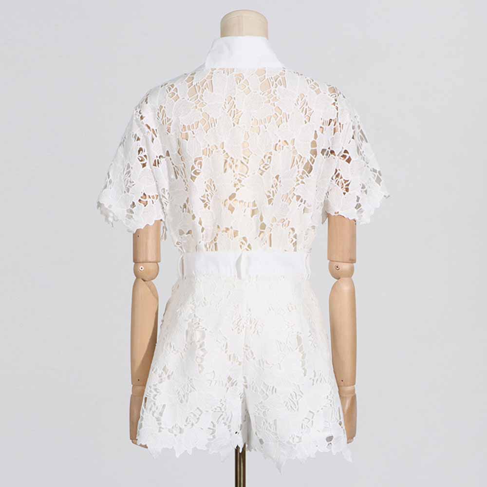 Women Short-Sleeve Lace Embroidered Two Piece Shorts Set