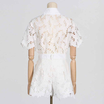 Women Short-Sleeve Lace Embroidered Two Piece Shorts Set