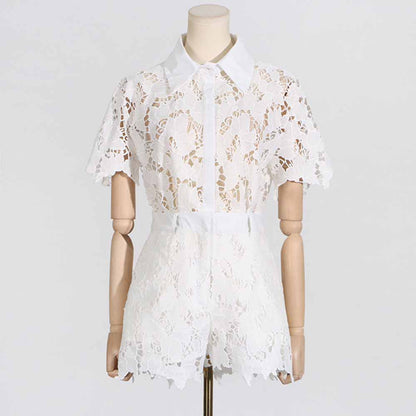 Women Short-Sleeve Lace Embroidered Two Piece Shorts Set