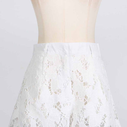 Women Short-Sleeve Lace Embroidered Two Piece Shorts Set