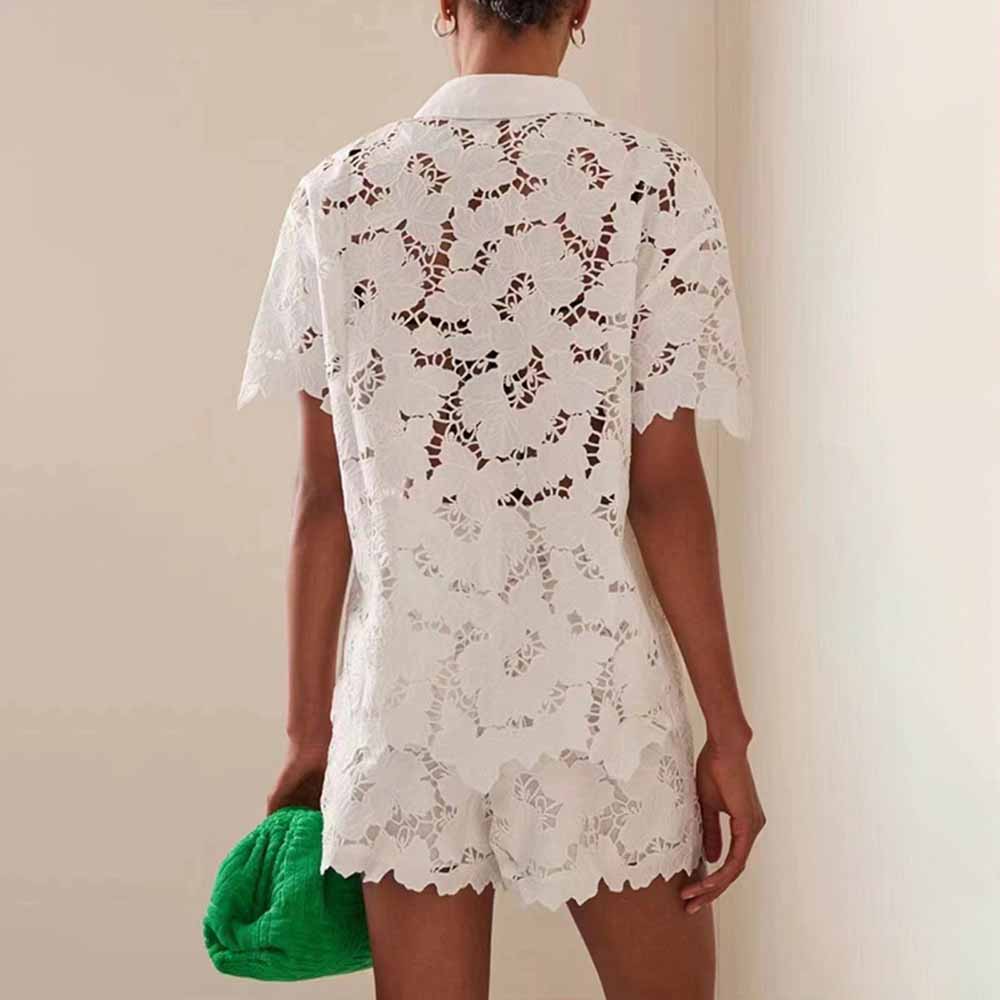 Women Short-Sleeve Lace Embroidered Two Piece Shorts Set