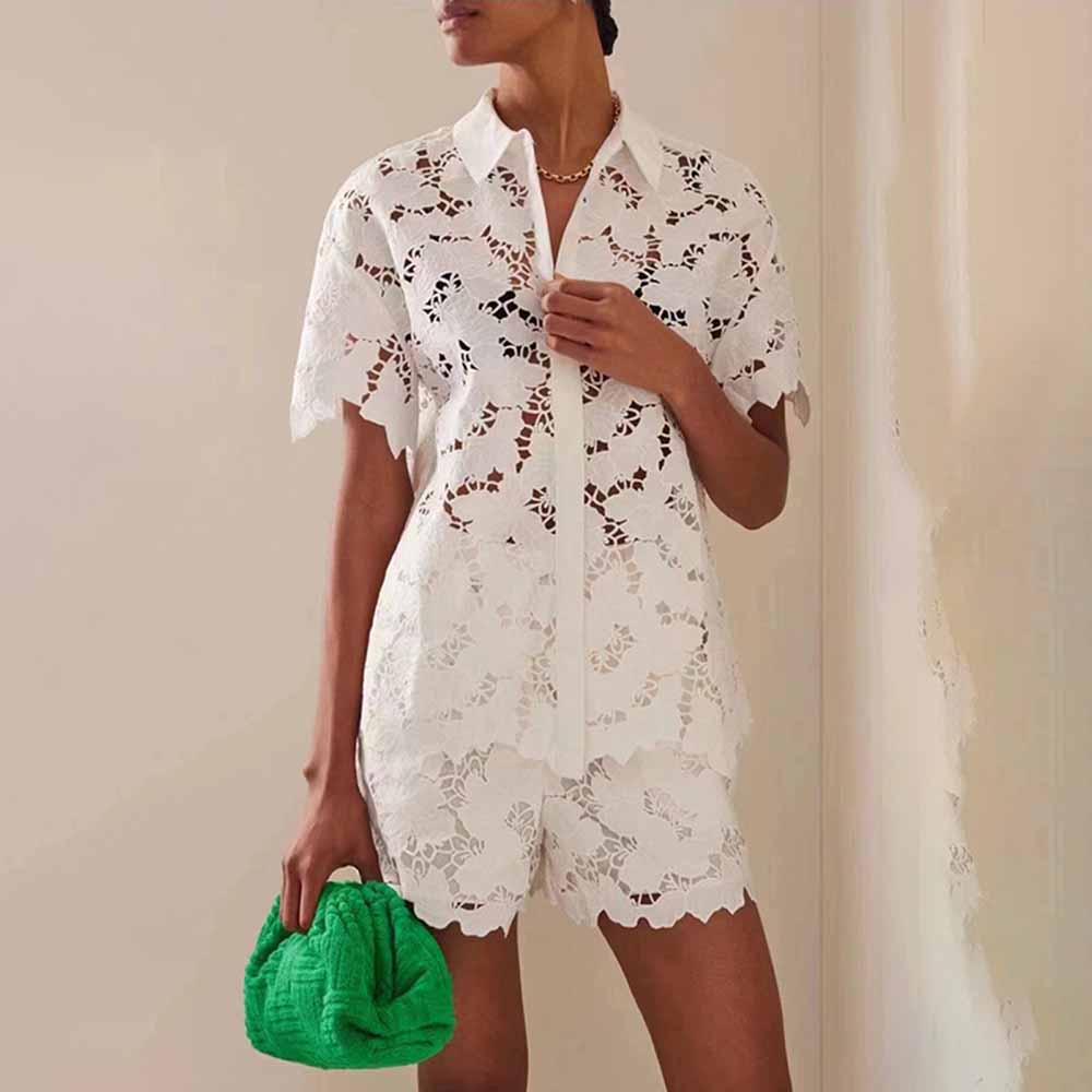 Women Short-Sleeve Lace Embroidered Two Piece Shorts Set