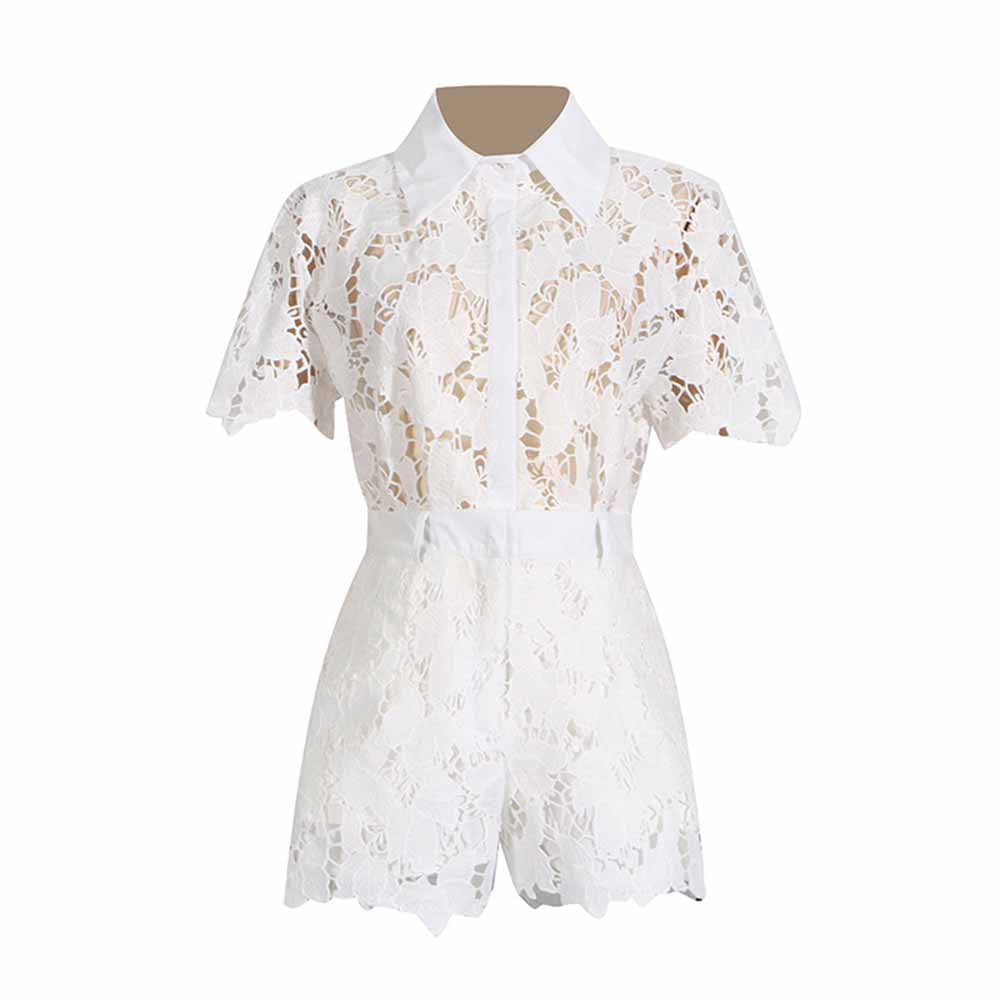 Women Short-Sleeve Lace Embroidered Two Piece Shorts Set