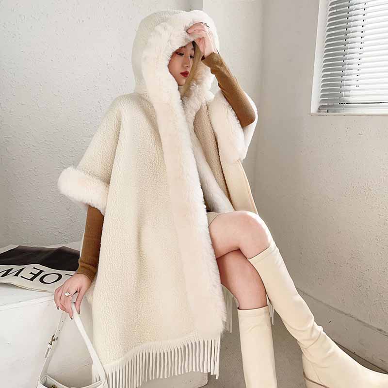 Women Tassel Warm Cardigan Cape Shawl Female Cloak Coat Fur Collar Thick Poncho