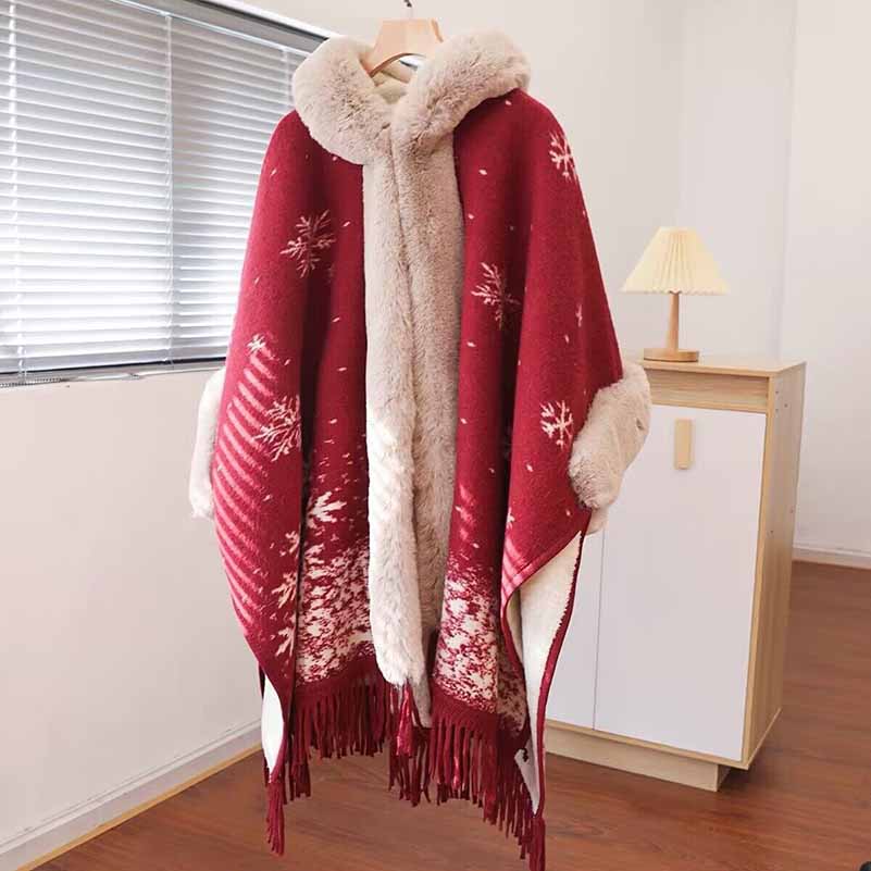 Women Thicken Wool Blend Faux Fur Patchwork Tassel Poncho Outwear Warm Cape Coat