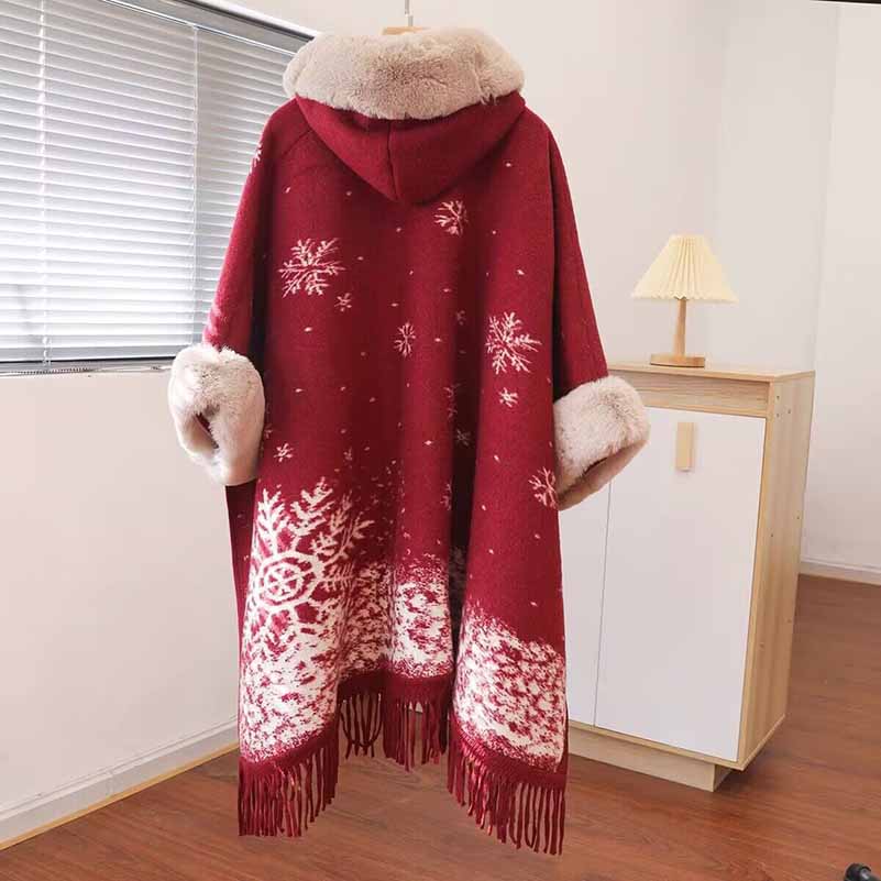 Women Thicken Wool Blend Faux Fur Patchwork Tassel Poncho Outwear Warm Cape Coat