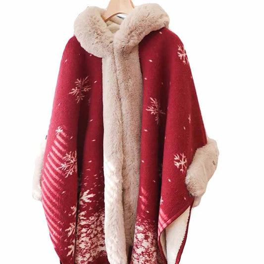 Women Thicken Wool Blend Faux Fur Patchwork Tassel Poncho Outwear Warm Cape Coat