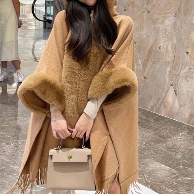 Women Thicken Wool Blend Faux Fur Patchwork Tassel Poncho Outwear Warm Cape Coat