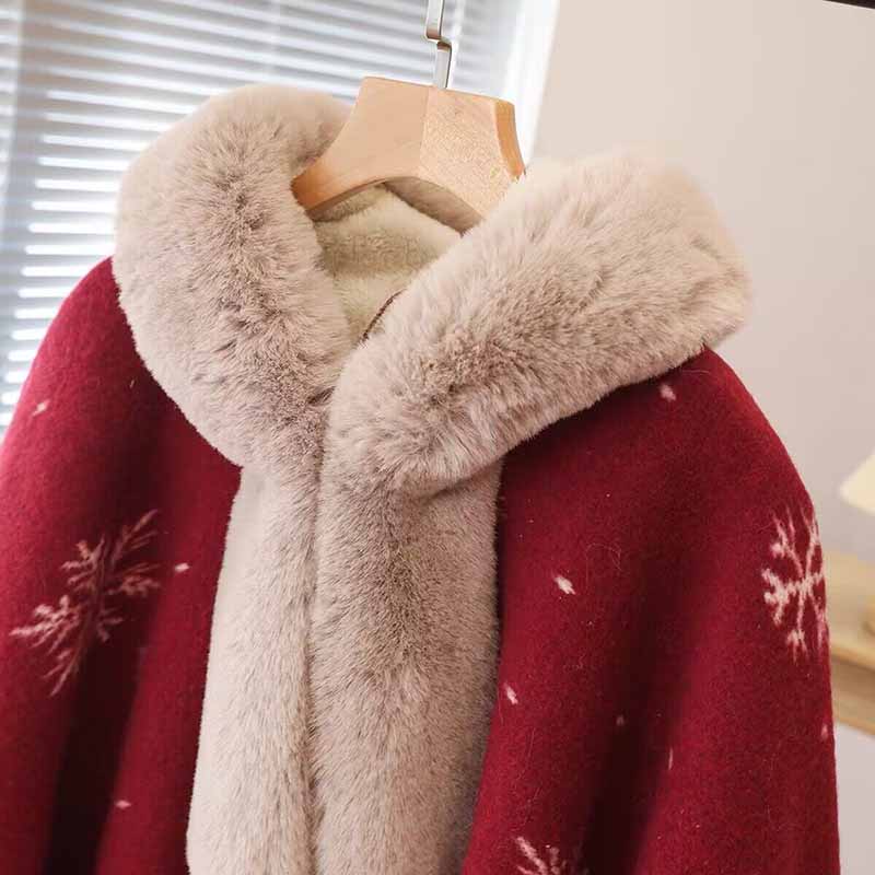 Women Thicken Wool Blend Faux Fur Patchwork Tassel Poncho Outwear Warm Cape Coat