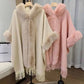 Women Thicken Wool Blend Faux Fur Patchwork Tassel Poncho Outwear Warm Cape Coat