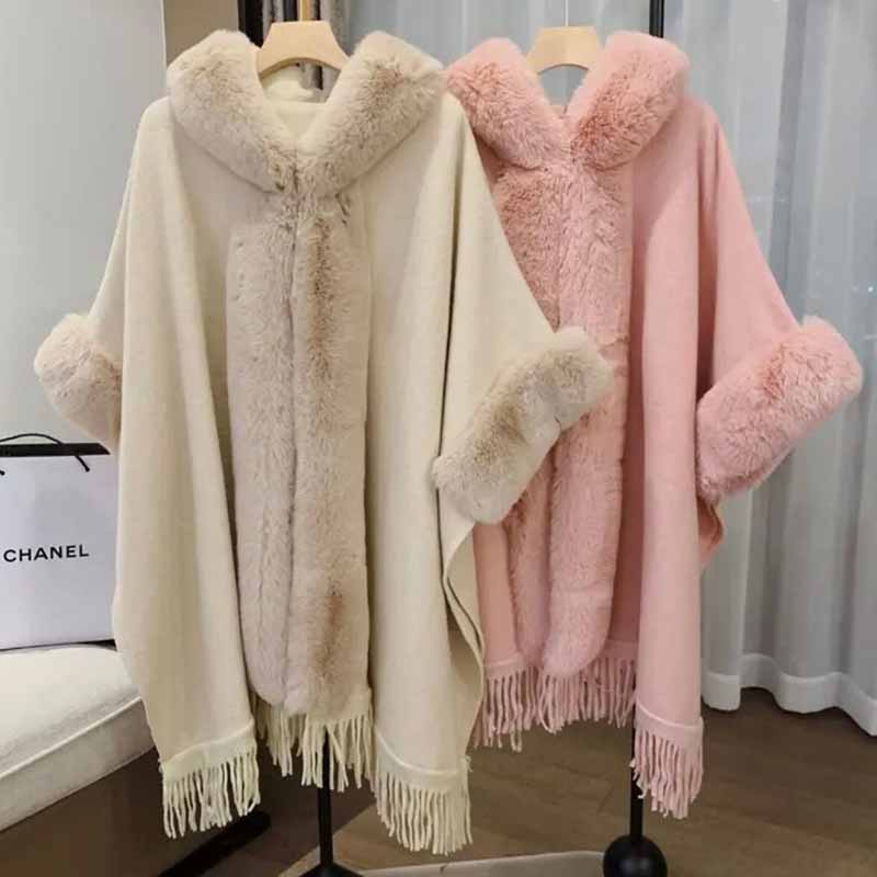 Women Thicken Wool Blend Faux Fur Patchwork Tassel Poncho Outwear Warm Cape Coat