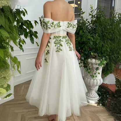 Floral Embroidered Tulle Dress A-Line Off Shoulder Tea Length Wedding Ball Prom Dress