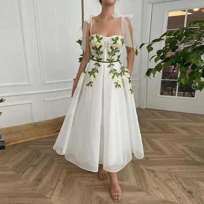 Floral Embroidered Tulle Dress A-Line Off Shoulder Tea Length Wedding Ball Prom Dress