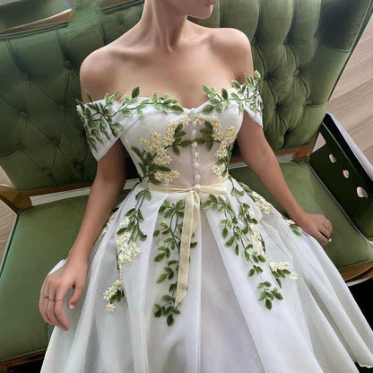 Floral Embroidered Tulle Dress A-Line Off Shoulder Tea Length Wedding Ball Prom Dress