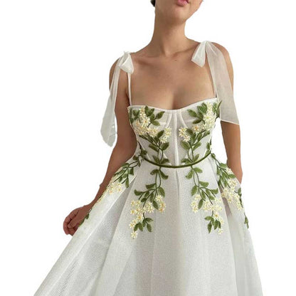Floral Embroidered Tulle Dress A-Line Off Shoulder Tea Length Wedding Ball Prom Dress