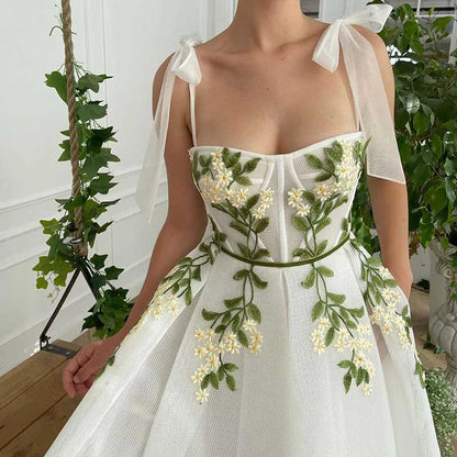 Floral Embroidered Tulle Dress A-Line Off Shoulder Tea Length Wedding Ball Prom Dress