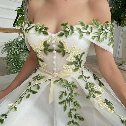 Floral Embroidered Tulle Dress A-Line Off Shoulder Tea Length Wedding Ball Prom Dress
