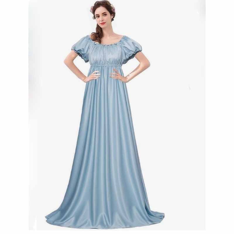 Women Victorian Dress Empire Waist Gown Medieval Costume Puff Sleeve