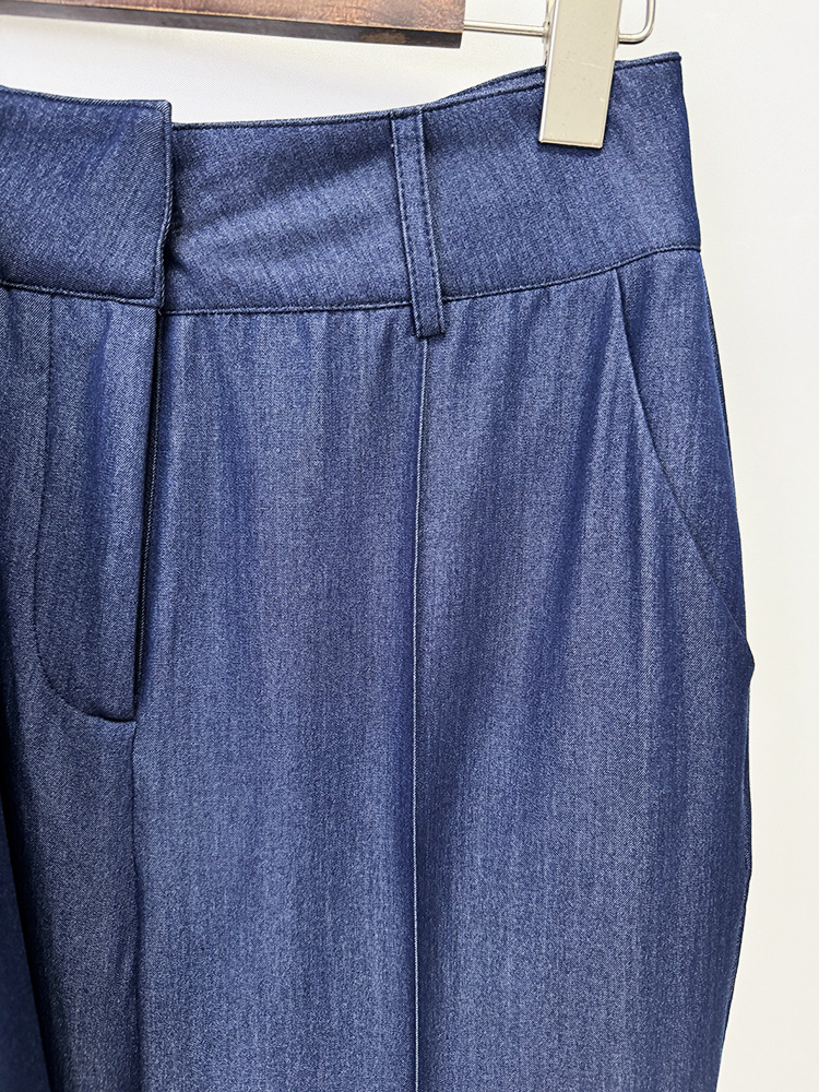 Women Vintage Navy Blue Denim Blazer Set | Elegant High Waisted Flare Pants Suit