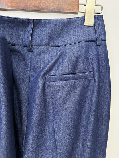 Women Vintage Navy Blue Denim Blazer Set | Elegant High Waisted Flare Pants Suit