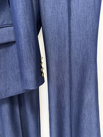 Women Vintage Navy Blue Denim Blazer Set | Elegant High Waisted Flare Pants Suit