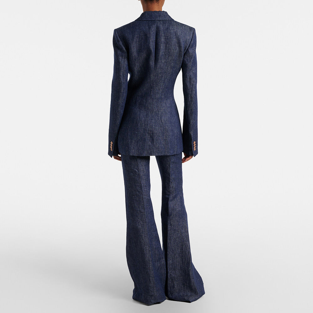 Women Vintage Navy Blue Denim Blazer Set | Elegant High Waisted Flare Pants Suit
