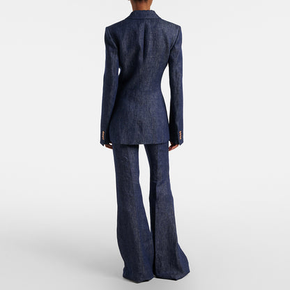 Women Vintage Navy Blue Denim Blazer Set | Elegant High Waisted Flare Pants Suit