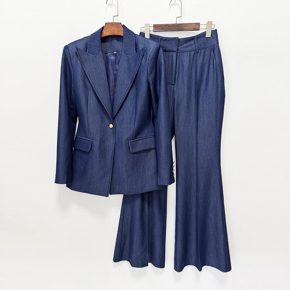Women Vintage Navy Blue Denim Blazer Set | Elegant High Waisted Flare Pants Suit