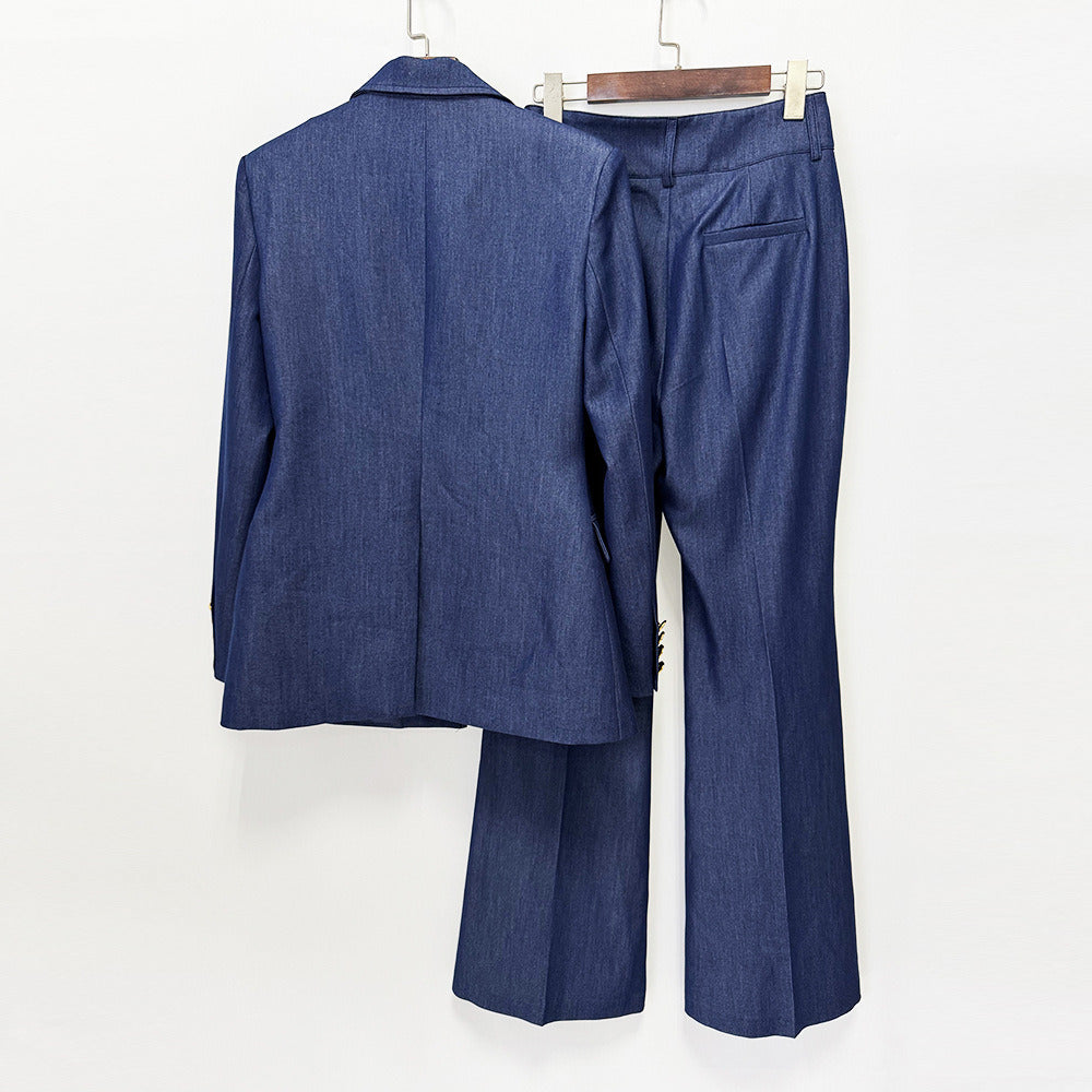 Women Vintage Navy Blue Denim Blazer Set | Elegant High Waisted Flare Pants Suit