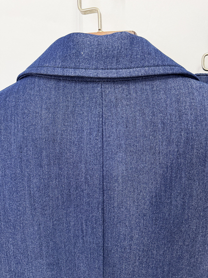Women Vintage Navy Blue Denim Blazer Set | Elegant High Waisted Flare Pants Suit