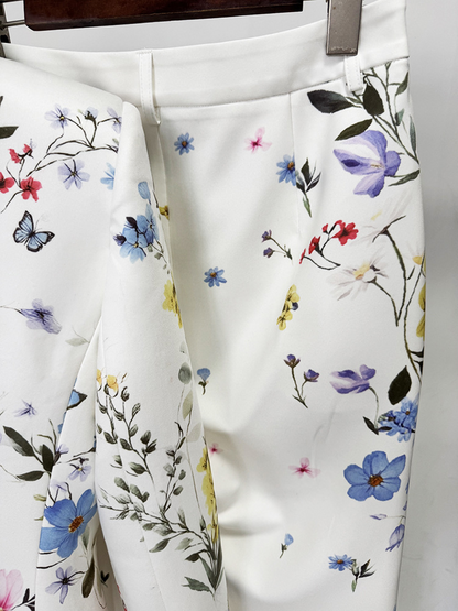 Women White Floral & Butterfly Print Blazer Set | Elegant Botanical Two-Piece Suit with Flared Pants