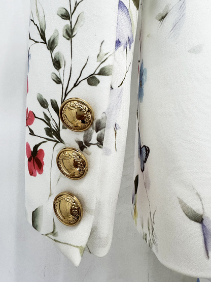 Women White Floral & Butterfly Print Blazer Set | Elegant Botanical Two-Piece Suit with Flared Pants