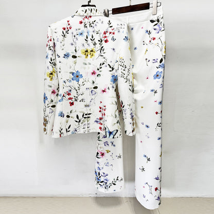 Women White Floral & Butterfly Print Blazer Set | Elegant Botanical Two-Piece Suit with Flared Pants