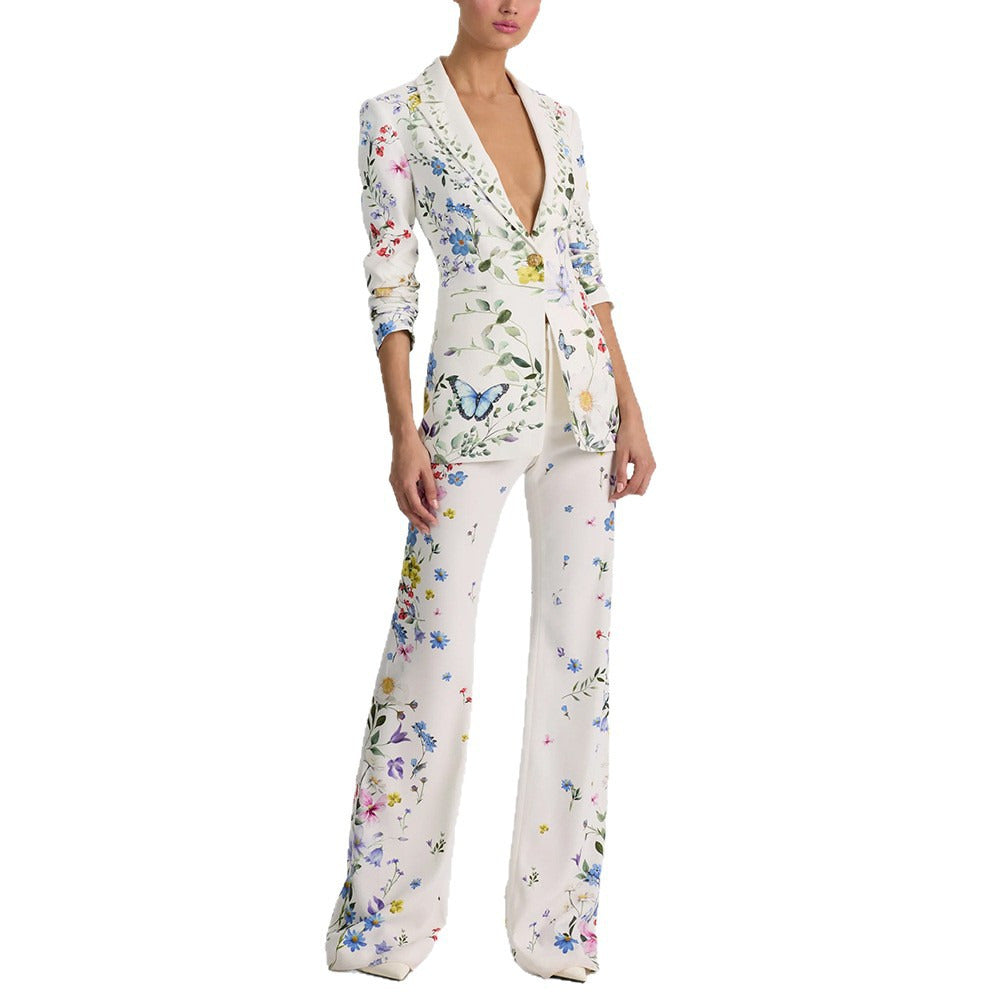 Women White Floral & Butterfly Print Blazer Set | Elegant Botanical Two-Piece Suit with Flared Pants