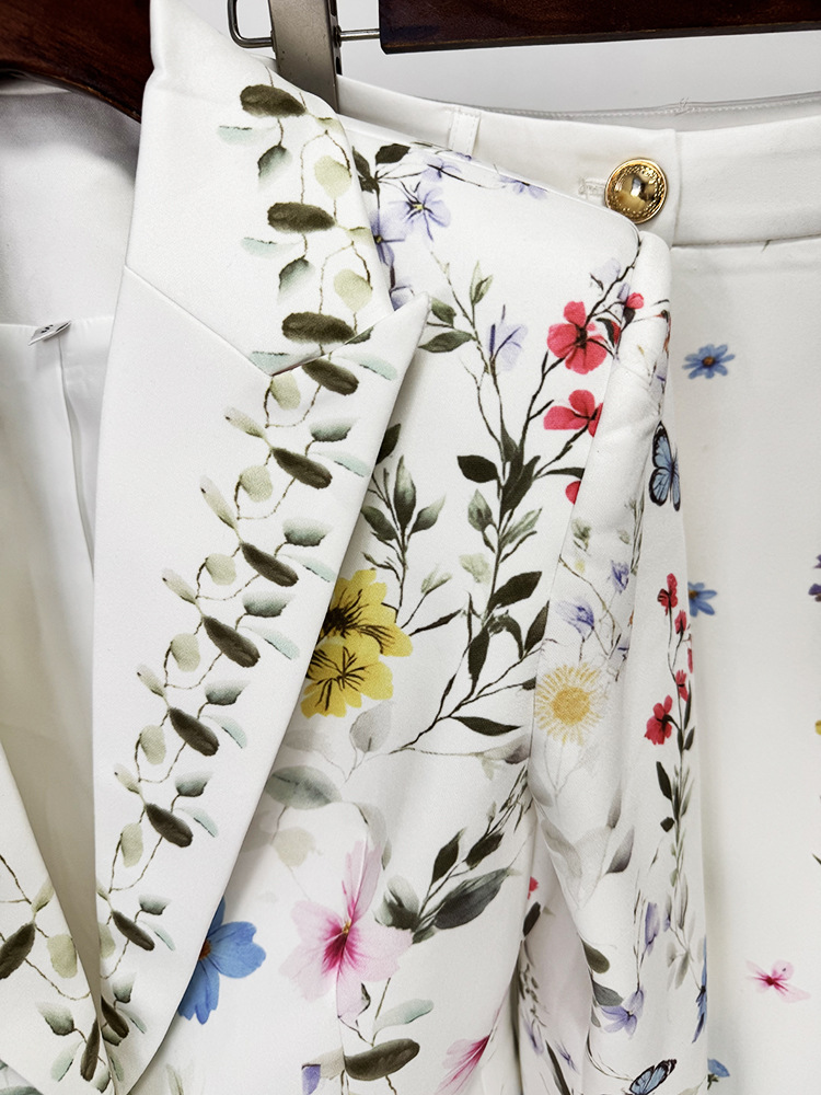 Women White Floral & Butterfly Print Blazer Set | Elegant Botanical Two-Piece Suit with Flared Pants