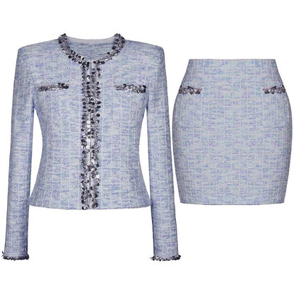 Women Wool Knitted Cardigan Jacket + Mini Skirt Two Pieces Skirt Suit